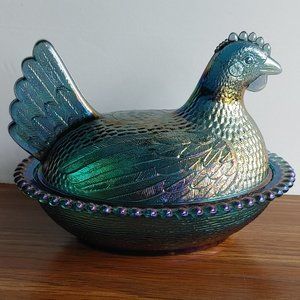 Vintage Indiana Glass Carnival Glass Nesting Hen Covered Dish Iridescent Blue
